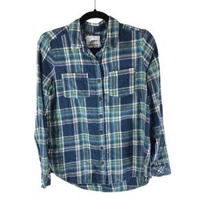 Sonoma The Everyday Shirt Plaid Button-Up Flannel 100% Cotton Blue & Green S